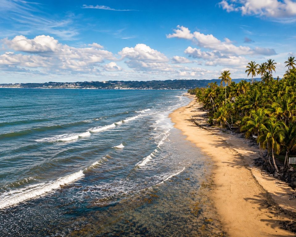 Aerial view of the Aguada coast: surf along a curve of sand, a wall of palms, the hills toward Aguadilla in the distance