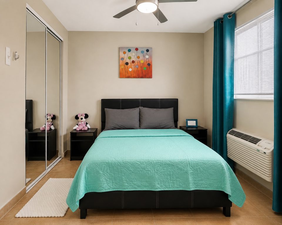 Bedroom one in the evening, mint-green bedding and the lamps on