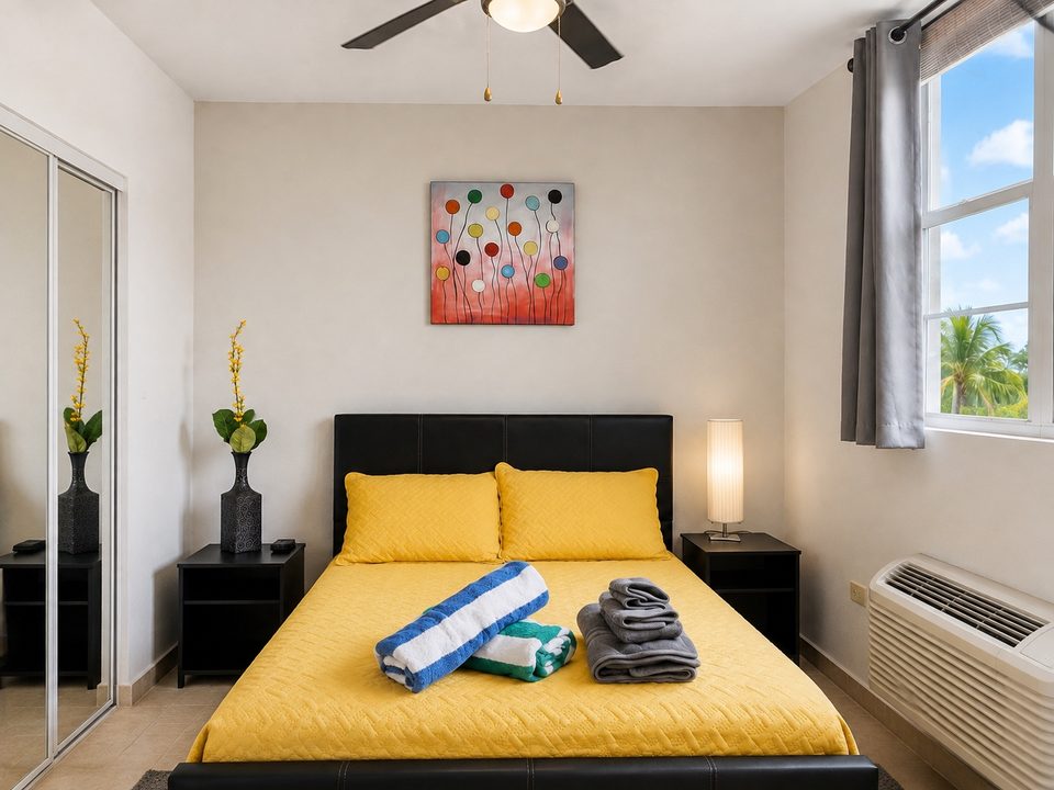 Bedroom one: a queen bed with a yellow quilt and folded towels, nightstand lamps and a ceiling fan