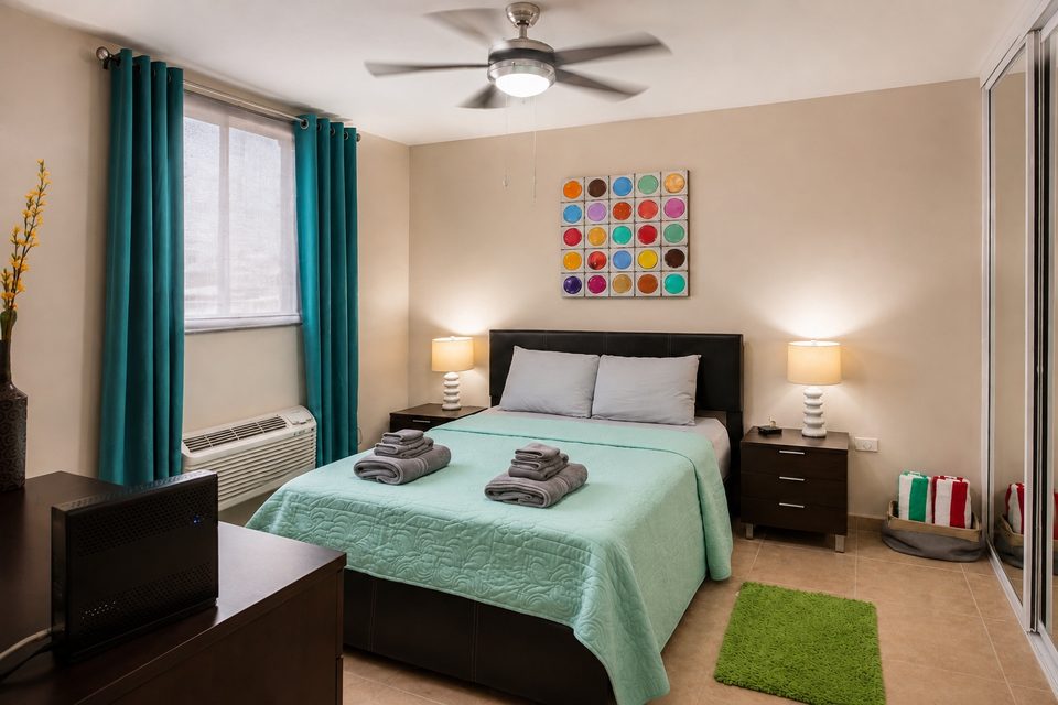 Bedroom two in the evening, mint-green bedding