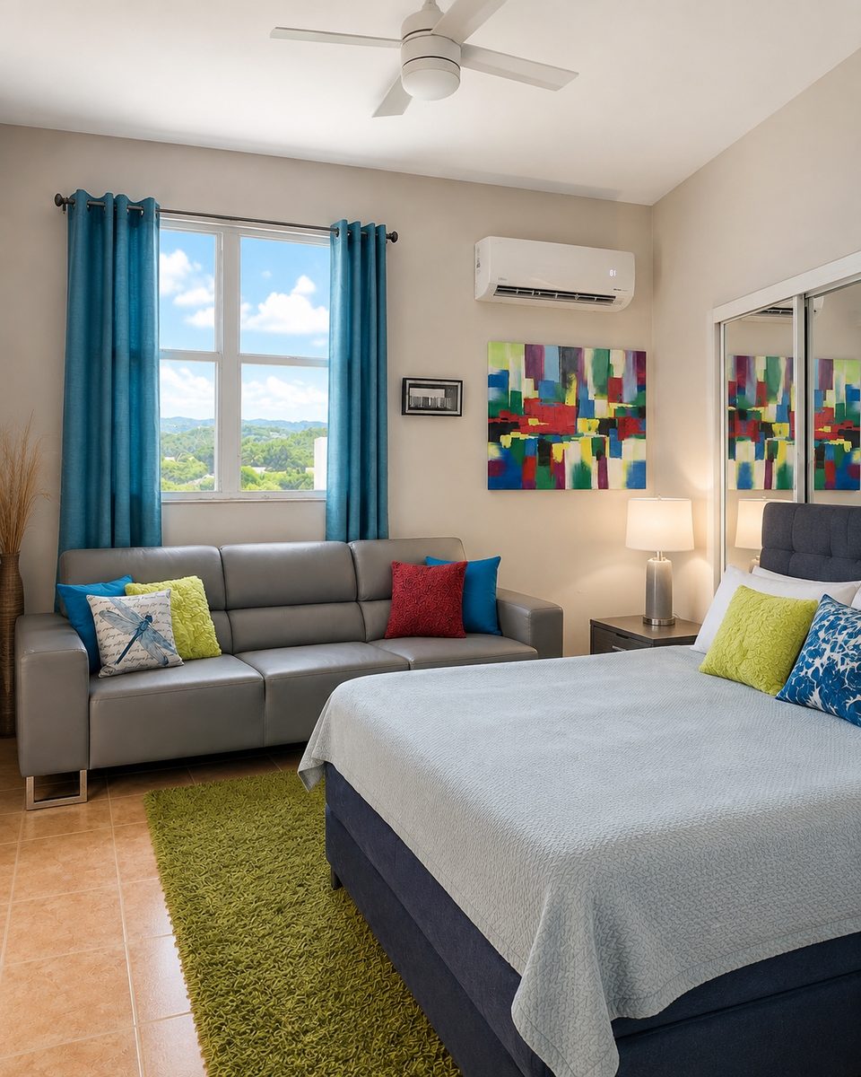 The upstairs loft: a grey sofa, a made-up bed, turquoise curtains and its own air conditioning