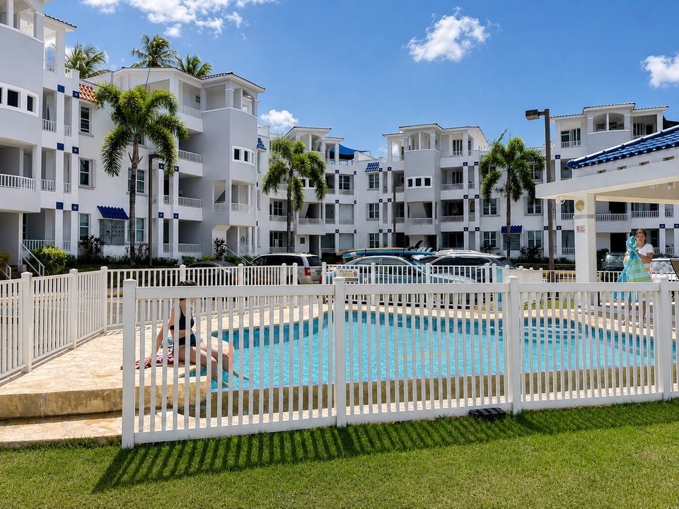 The shared pool inside its white fence, the condominium buildings and palms behind