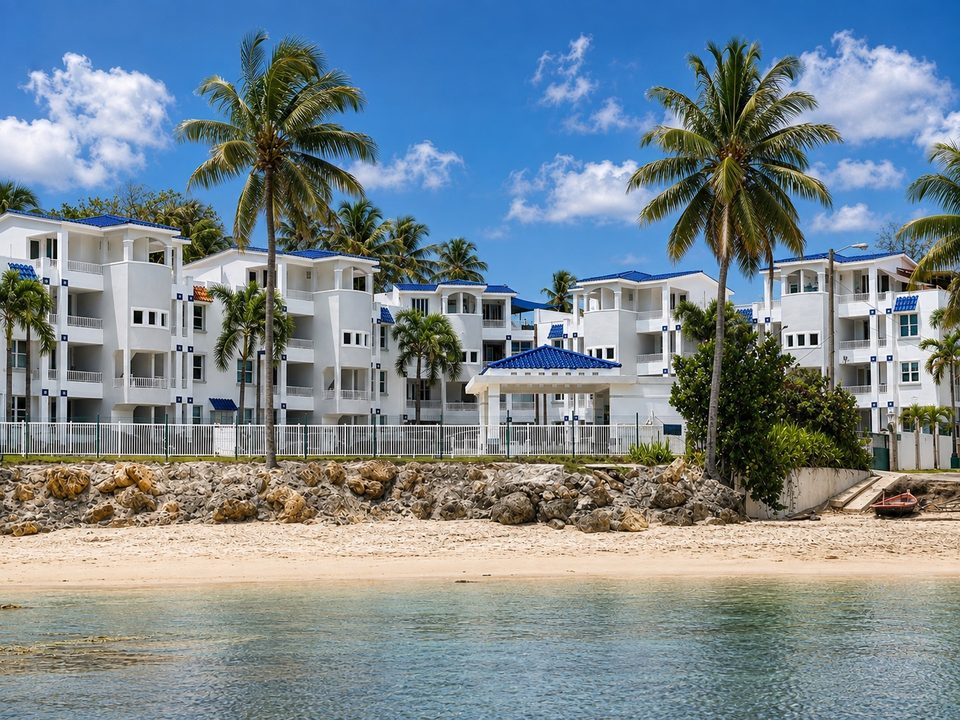 The condominium seen from the beach across the rocky shoreline and shallow water