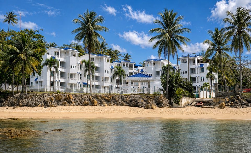 The complex from the water's edge, sand and reef in the foreground
