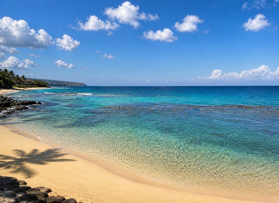 Clear turquoise water over the reef shelf under a blue sky