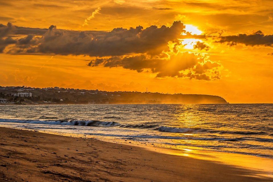 The sun on the horizon at sunset, close in