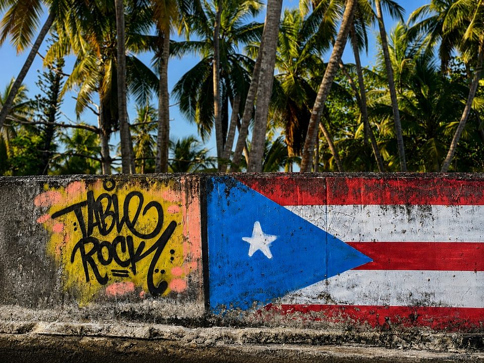 The Table Rock mural, painted with the Puerto Rican flag, under the palms